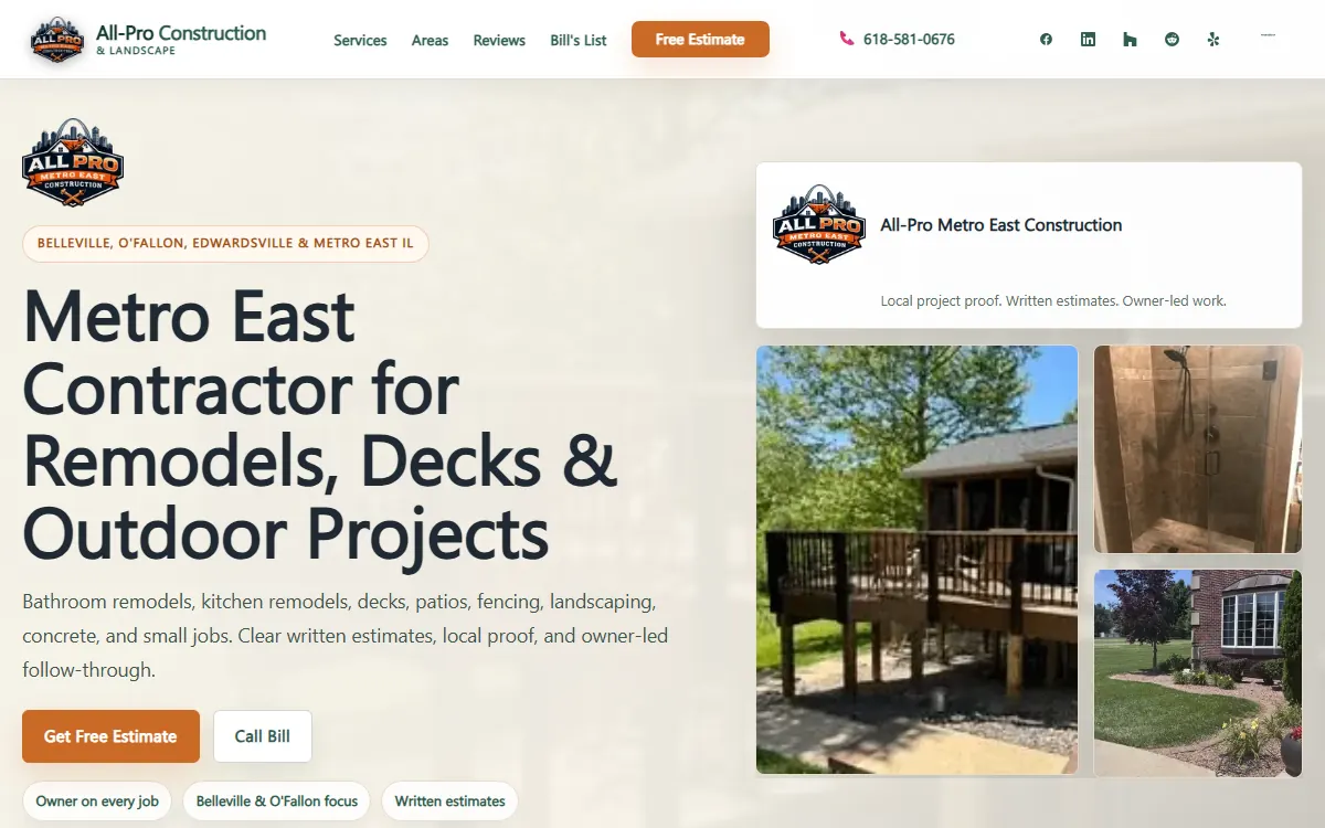 All Pro Metro East Construction website showing services, project proof and estimate paths