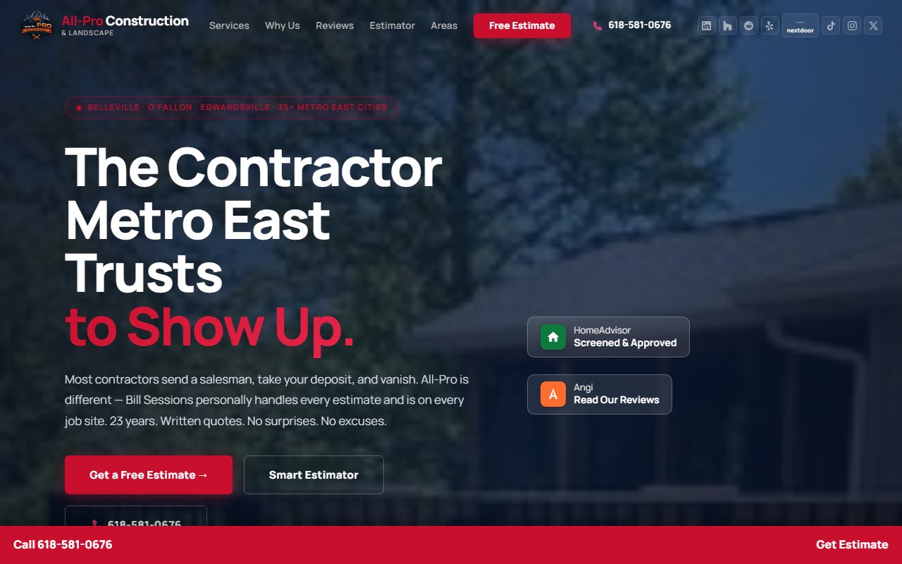 All Pro Metro East Construction website — local SEO and lead generation build by Tony Beal