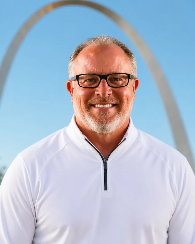 Tony Beal wearing a white quarter zip near the Gateway Arch